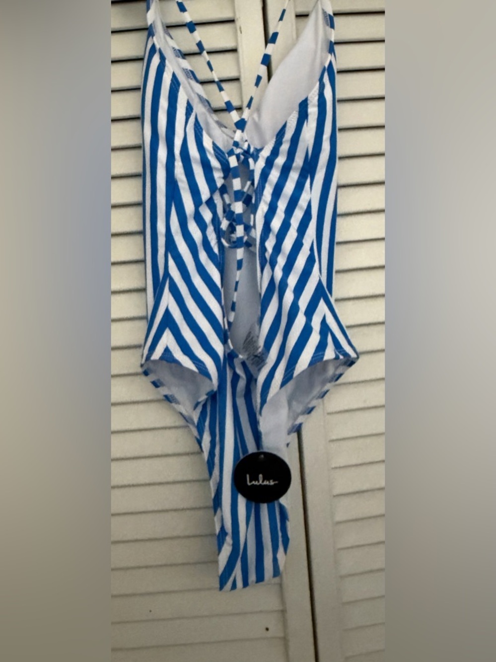 NEW Lulu's Blue and White Striped Lace up back One-Piece - Picture 6 of 12
